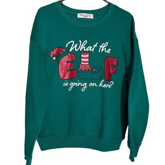 Wound Up What The Elf Is Going On Here Christmas Sweatshirt Green Size Medium - Picture 1 of 6
